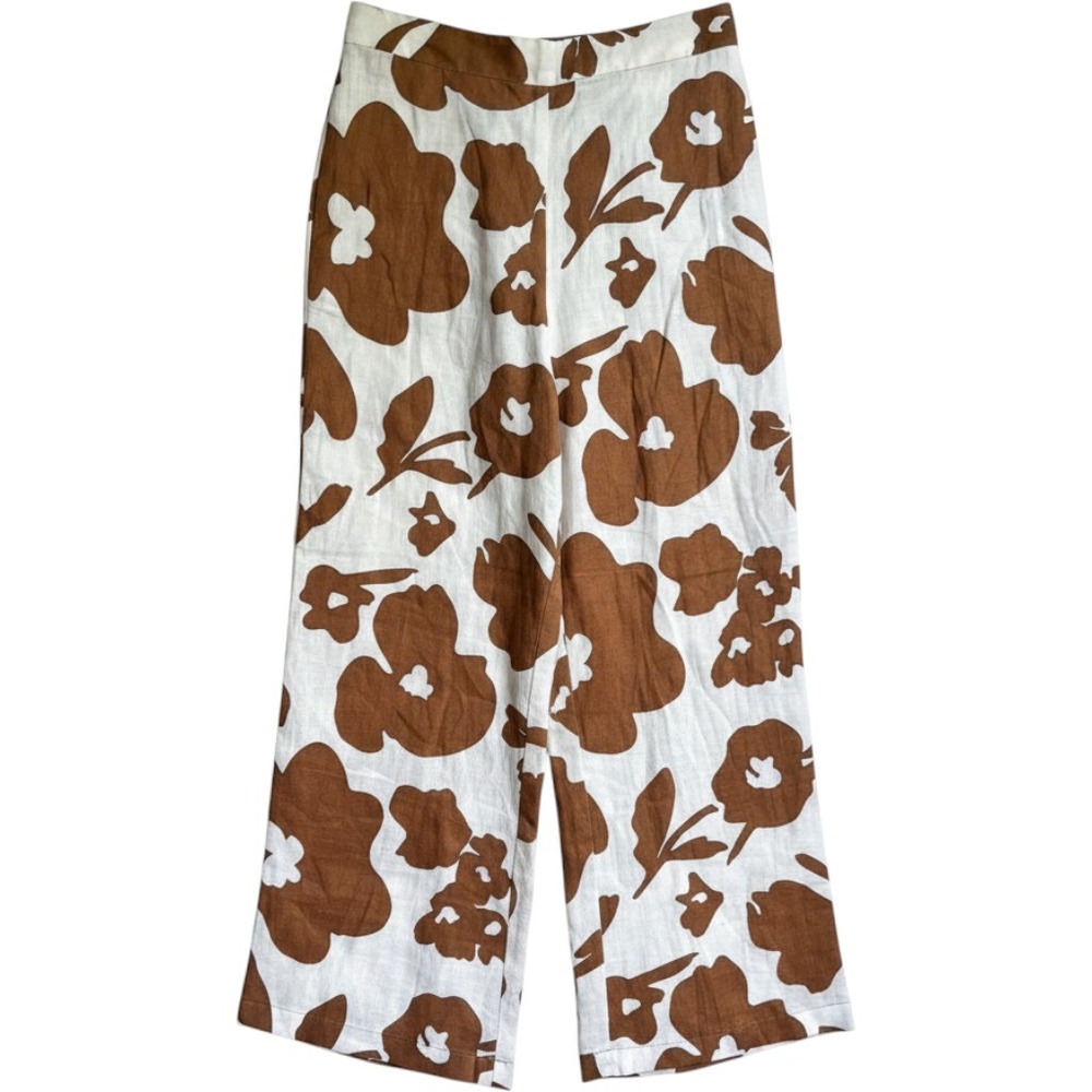 Magaschoni Womens Brown White Cowhide Floral 100% Linen Wide Leg Pants Small NWT